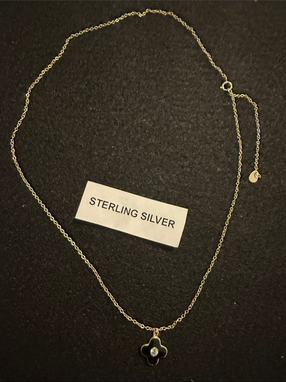 Sterling Silver Black Clover Pendant Necklace with Sparkling Center